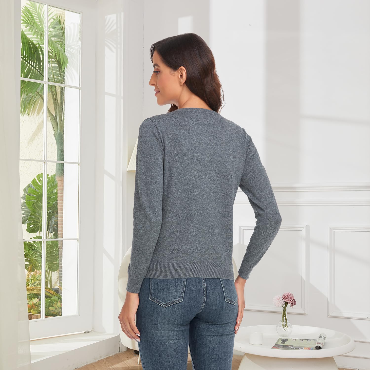 CUNYI Cardigan Donna Maglia con Bottoni Girocollo Classico Manica Lunga Giacca Cappotto Elegante, Grigio Scuro S