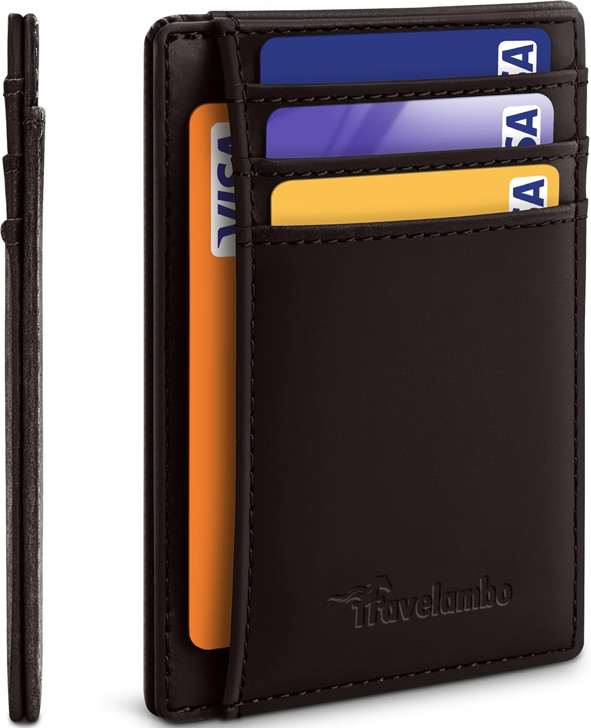 Travelambo 100% Genuine Leather Wallet for Men and Women, Slim Minimalist RFID Blocking Front Pocket Credit Card Holder with Gift Box