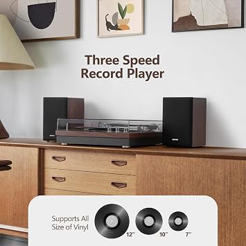 Record Player, 3 Speed Turntable with Two 15W External Speakers, Bluetooth Input, Aux-in, USB Playback& LP-MP3 Recording, Vintage Vinyl Player, Dark Brown Wood