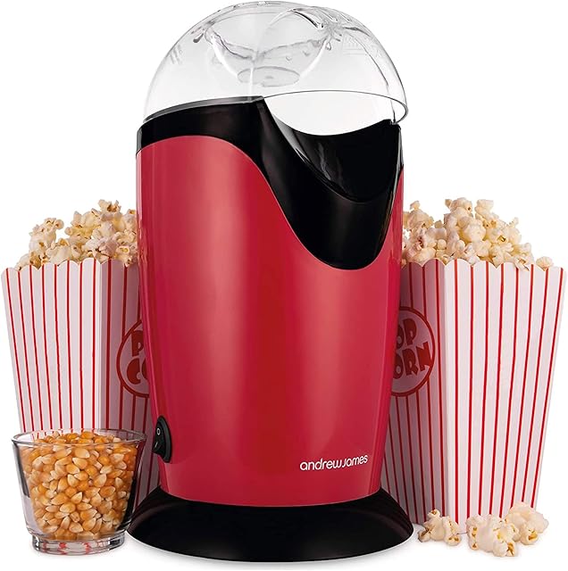 Andrew James Popcorn Maker Machine, Healthy Air Popper, Popcorn Machine with 8 American Cinema Style Boxes, 1200W, Perfect for Parties (Red)