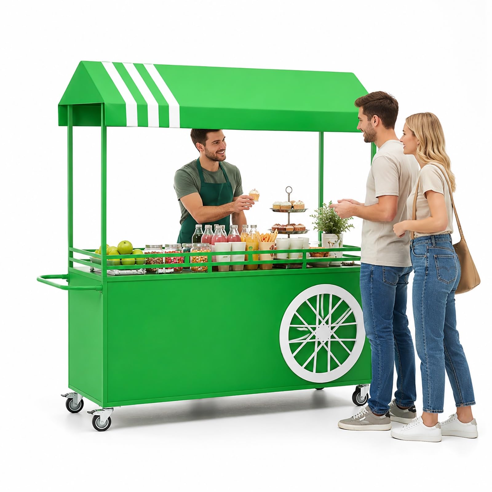 Puesto Ambulante con Toldo, Carrito de Venta con Ruedas, Stand de Venta con Exhibidor y Estante, Puesto para Mercadillo con Techo para Ferias y Exteriores(Green)