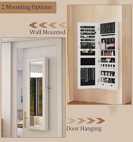 Miniatura 7 de BOSTANA Organizador de joyas, armario de joyería con puerta de espejo de pared o montado, espejo con cerradura con almacenamiento de 2 cajones,