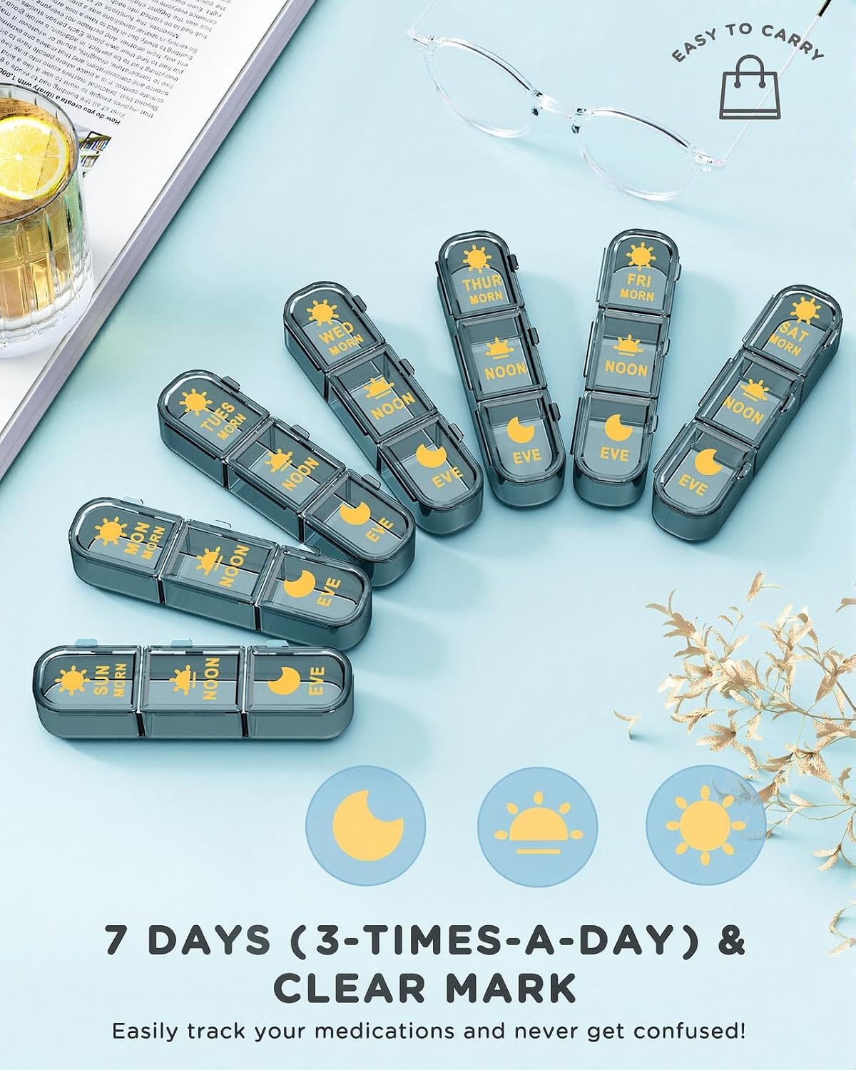 Acedada Pill Organizer 3X A Day, Weekly 7 Day Pill Box 3 Times A Day, Travel Pill Case with Large 21 Compartments, Daily Medicine Organizer Pills Holder for Vitamin Fish Oil Supplements, Blue