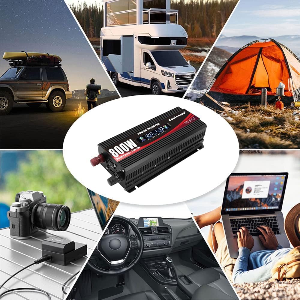Cantonape 800W Car Power Inverter DC 12V to 110V/120V AC Converter with LCD Display Dual AC Outlets and USB Port Car Charger for Car Laptop Truck Black