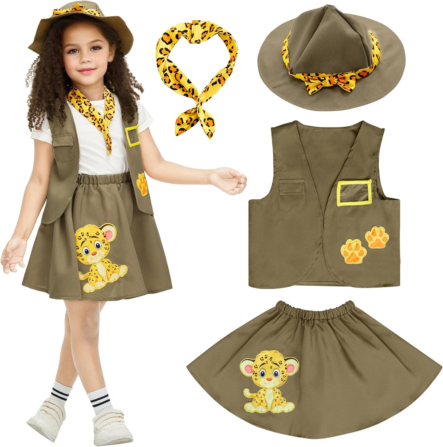 IKALI Kids Girls Zoo Keeper Costume Tiger Print Explorering Kit with Safari Vest & Hat