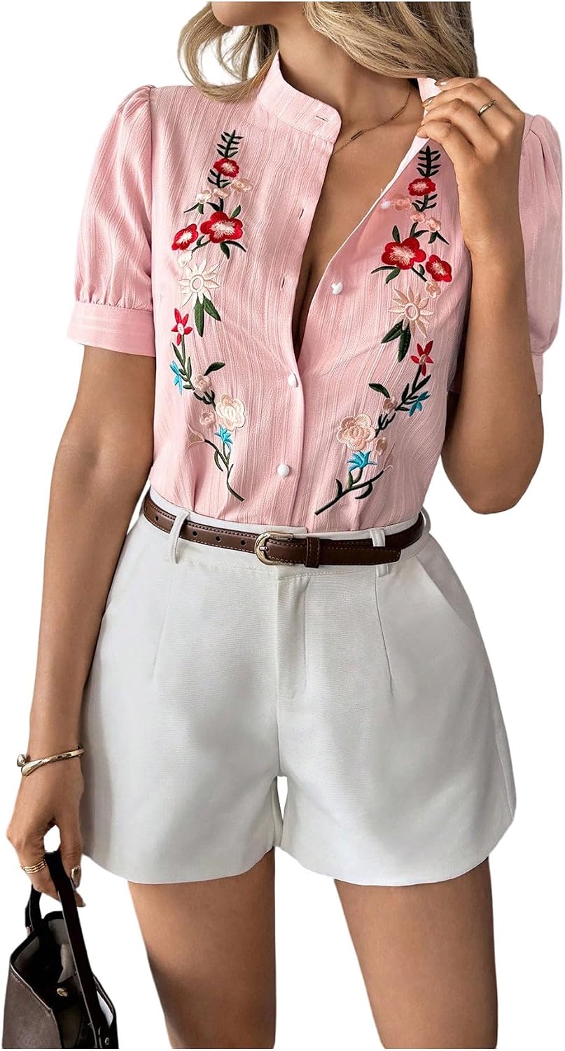 Floerns Women's Floral Embroidery Button Down Shirts Puff Sleeve Dressy Casual Blouse Top
