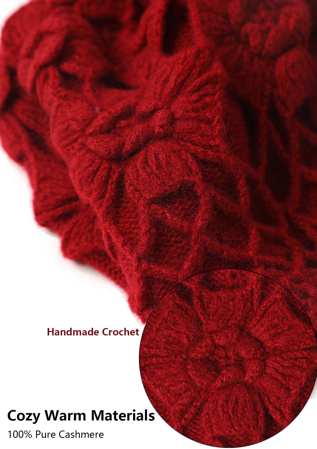YUONNY Handgemachte Gehäkelte Beanie Mütze für Frauen Mädchen, 100% Kaschmir Doppellagige Ausgehöhlte Gestrickt Blumenmütze, Damen Weiche Warme Strickmütze, Mode Leichte Herbst Winter Hut Mütze Red F
