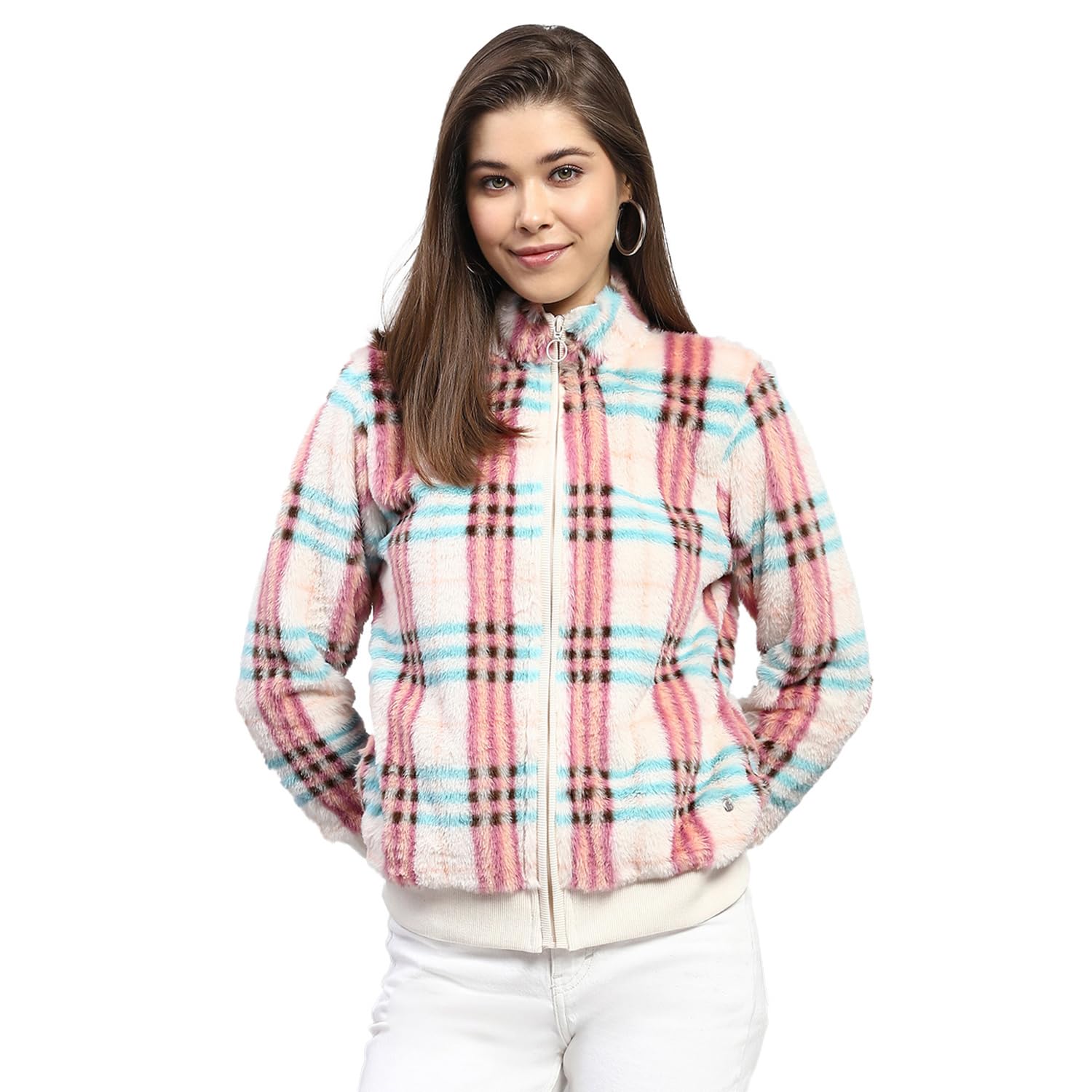 Check Pink Mock Neck Full Sleeve Sweatshirt for Womens-image-37
