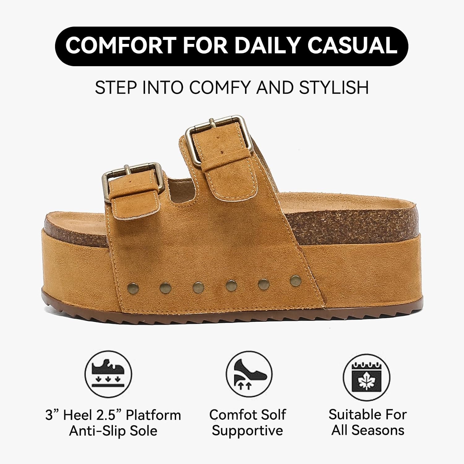 Zenithra Women's Platform Slides Sandals with Arch Support, Platform Clogs Sandal with Comfort Cork Footbed Casual Summer Double Buckles Beach Platform Slide Mules for Outdoor