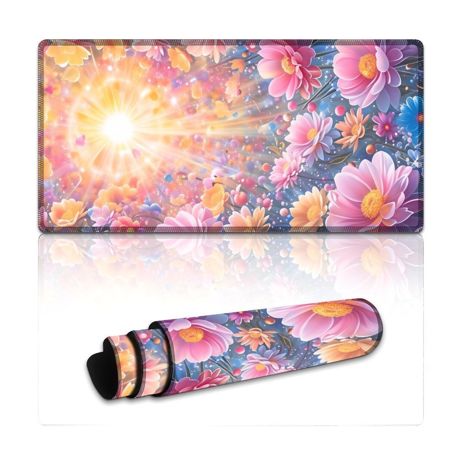 Floral Starry Sky Large Mouse Pad 12"×24" inch Extended Gaming Mousepad Desk Mat Long Computer Keyboard Non-Slip Base Stitched Edges for Home Office Work