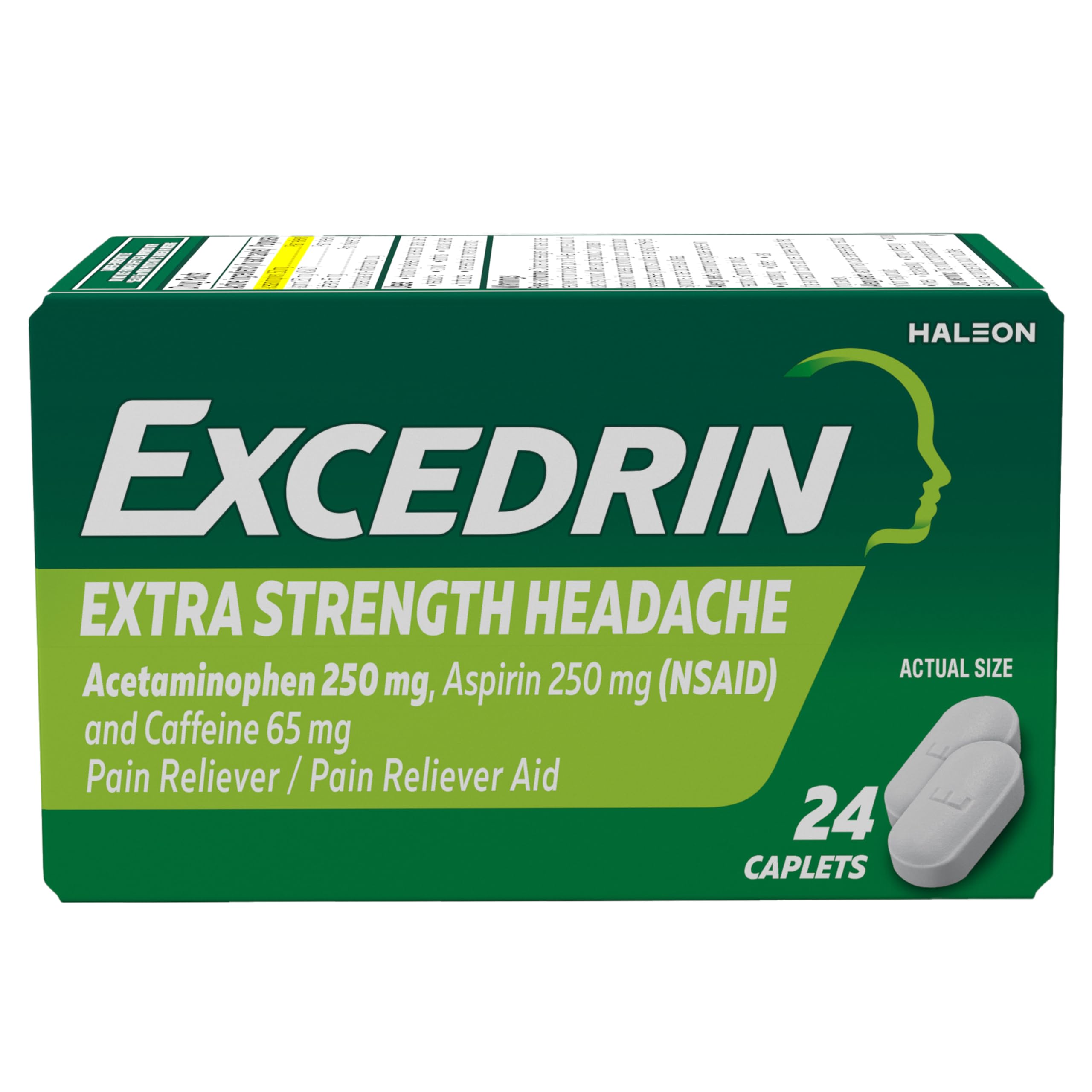 Excedrin Extra Strength Caplets for Headache Pain Relief, Acetaminophen 250mg, Aspirin 250mg, Caffeine 65mg, Pain Reliever, 24 count