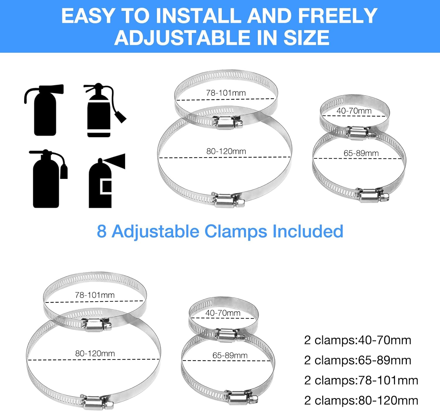 Universal Fire Extinguisher Mount, Aluminum Quick Release Roll Bar Fire Extinguisher Bracket Holder with 8 Clamps Compatible with Jeep Wrangler JK TJ JL JKU Polaris RZR Ranger UTV, Silver