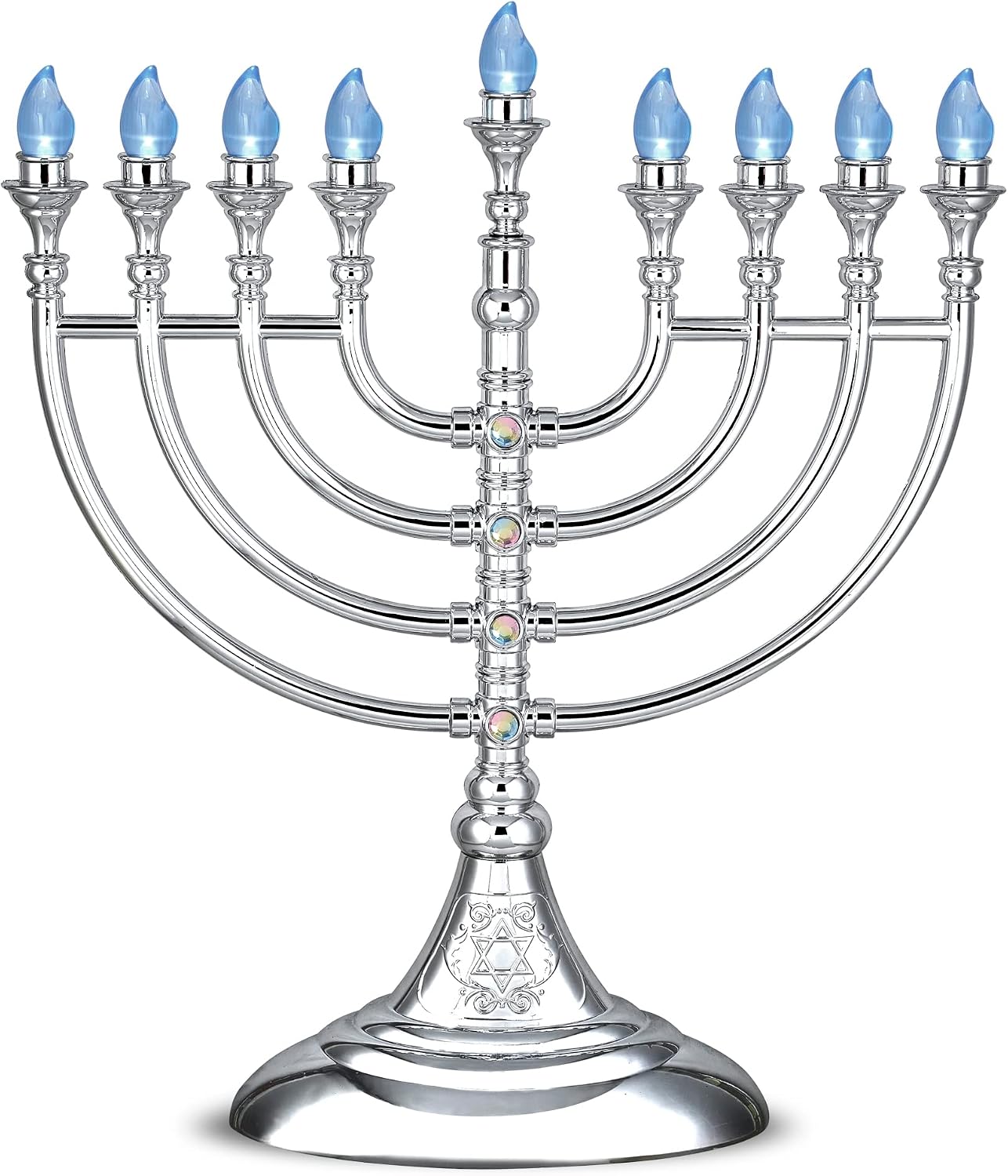 Traditional LED Menorah 13" Metallic Silver Battery or USB Powered Menorah Chanukiah with 4' USB Cable Electronic Chanukah Minorah Flameless Hanukkah Candles Bulbs Lighted Hanukah Decor