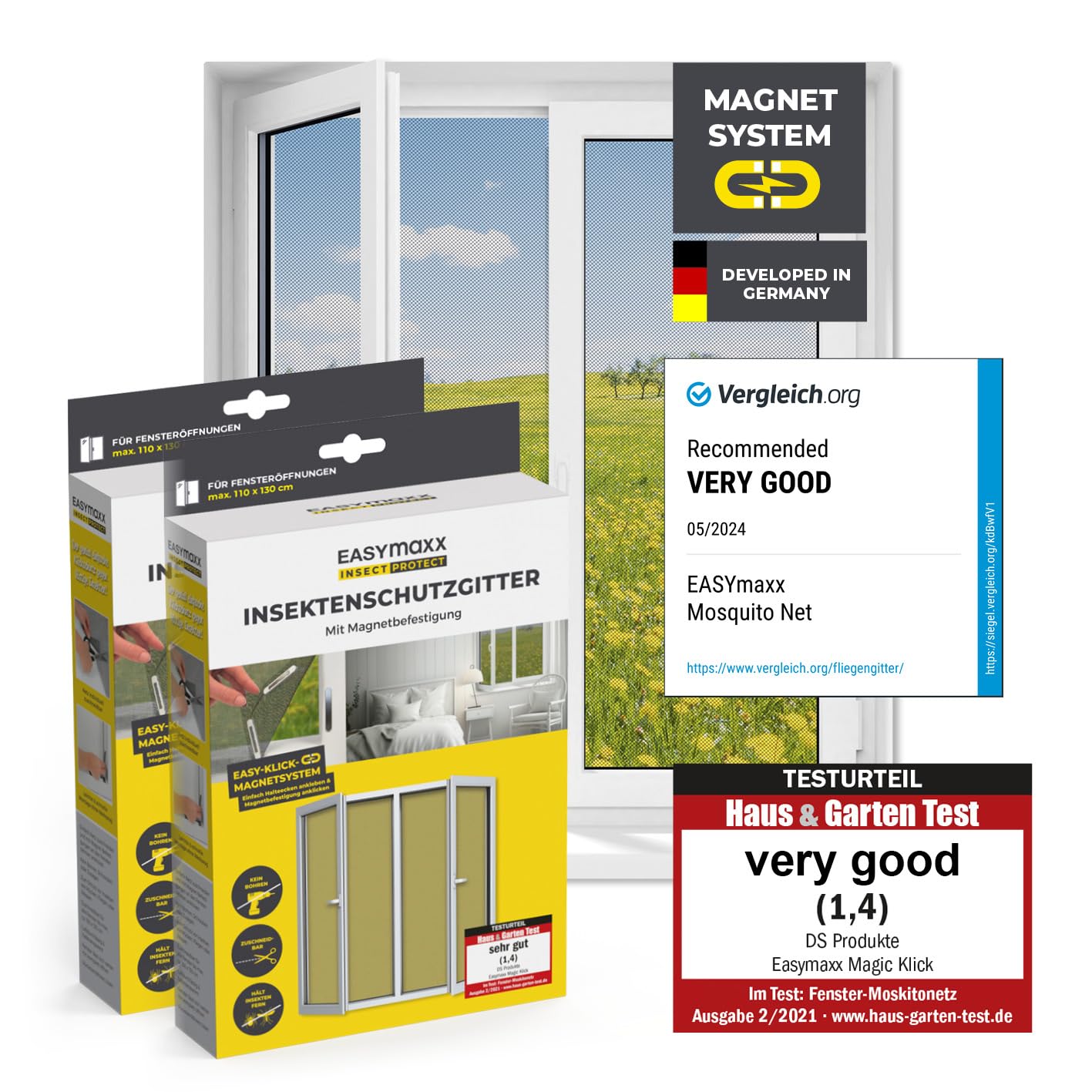 EASYmaxx Insect Protect Fly Screen Window with Magnetic Attachment, Black, 110 x 130 cm | 2 Stück