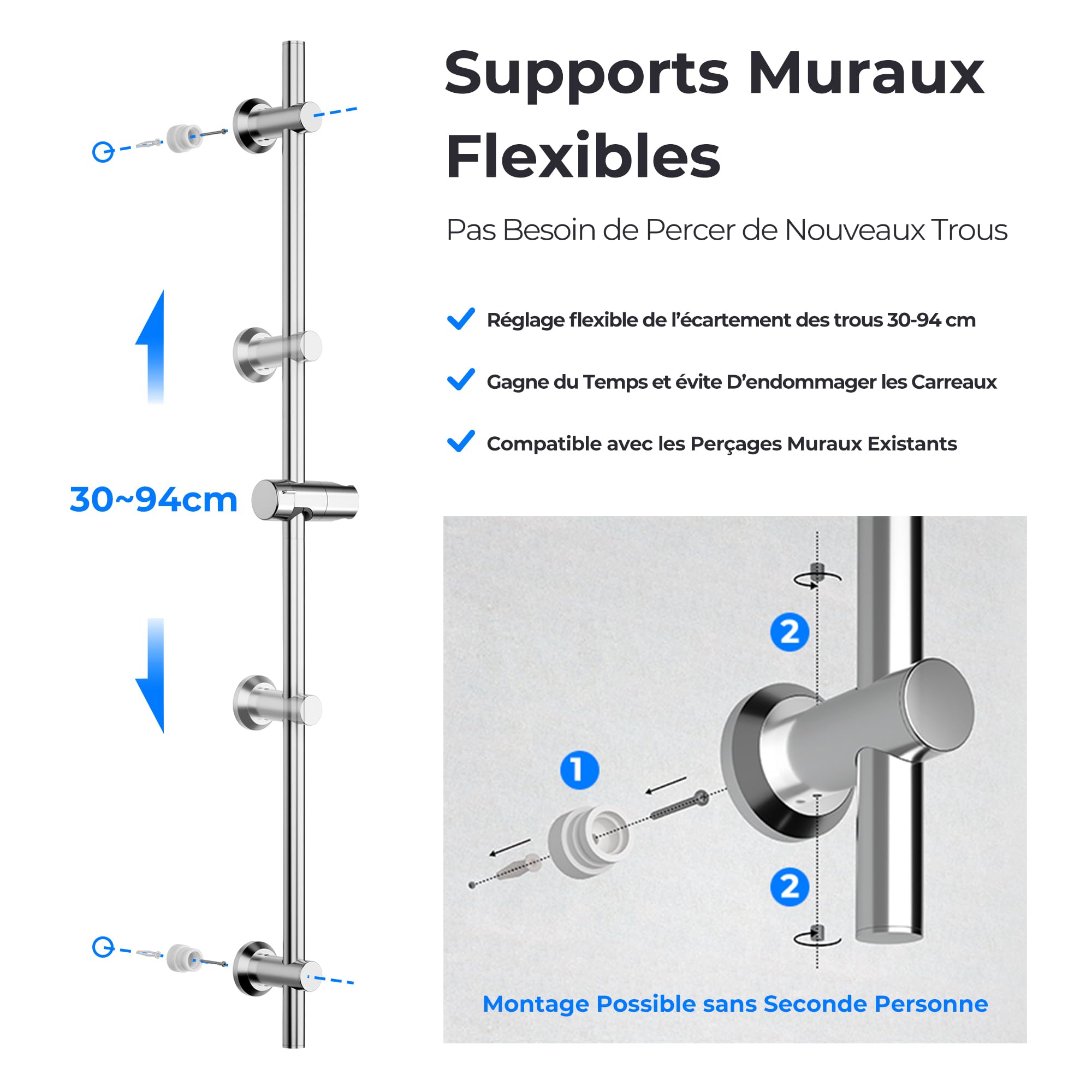 Görbach Barre de douche en acier inoxydable 100 cm avec support de douchette réglable, supports muraux compatibles avec trous de existants, compatible avec douchette à main standard, chromé