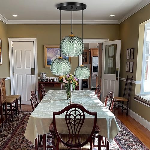 pombconw Lámpara colgante de isla de cocina de 3 luces ajustable lámpara colgante de cristal verde de granja E26 lámpara de techo para cocina sala