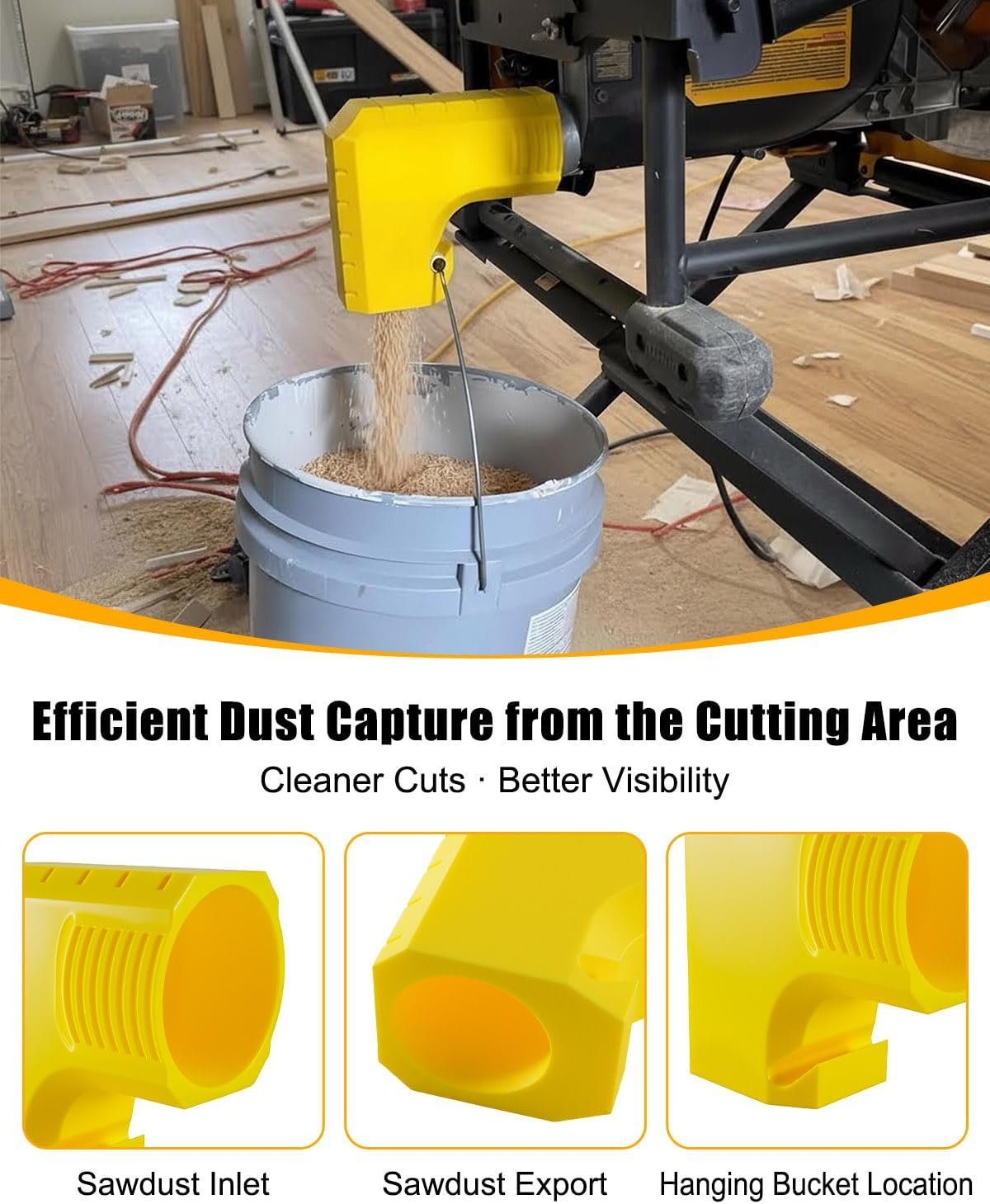 Dust Port Adapter Compatible with DeWalt DWE7485 Table Saw, Tool-Free Installation Dust Collection Accessory with Bucket Hanging Design, Efficient Dust Removal, Yellow