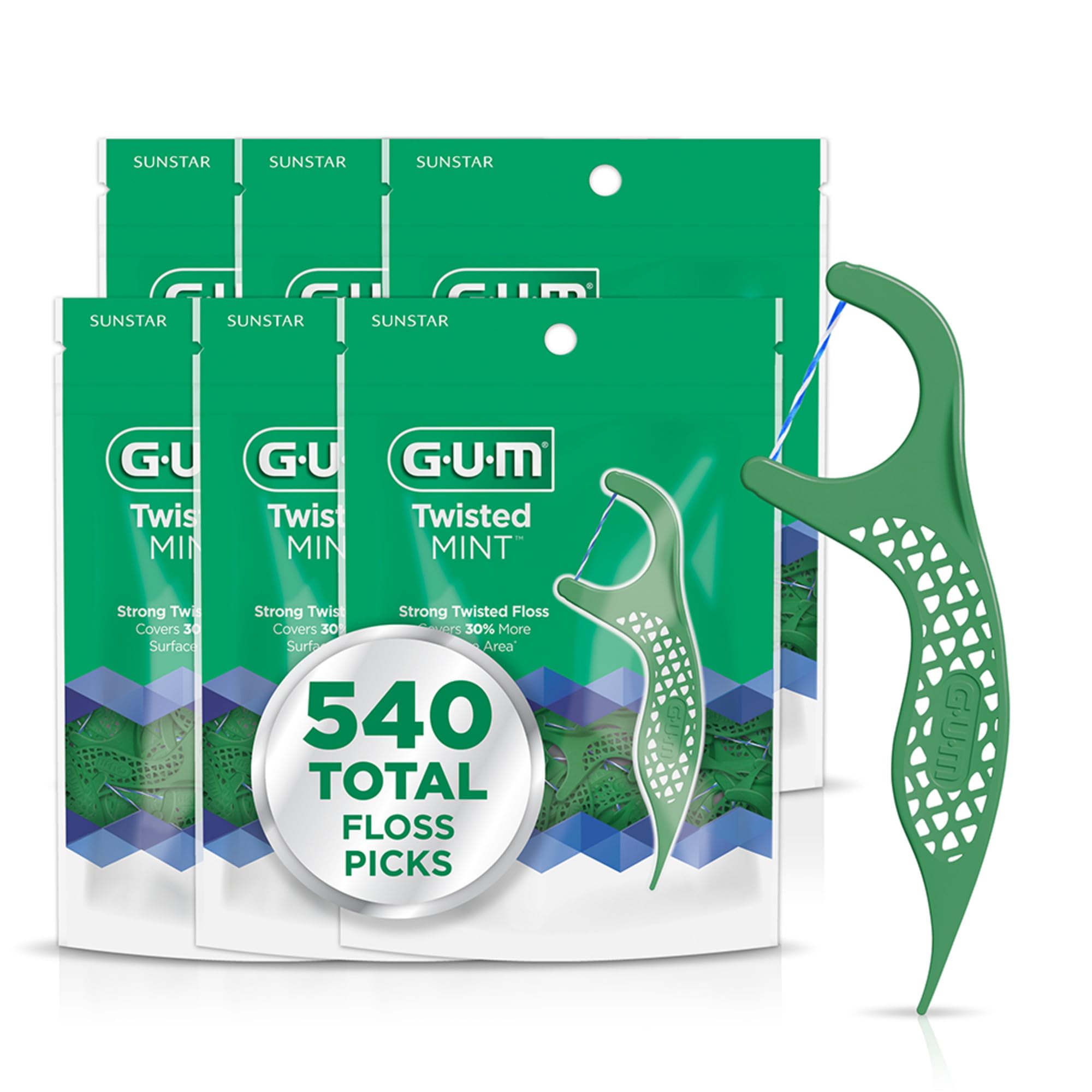 GUM Twisted Mint Dental Floss Picks, Mint Flavor, 90 Count (6 Pack)