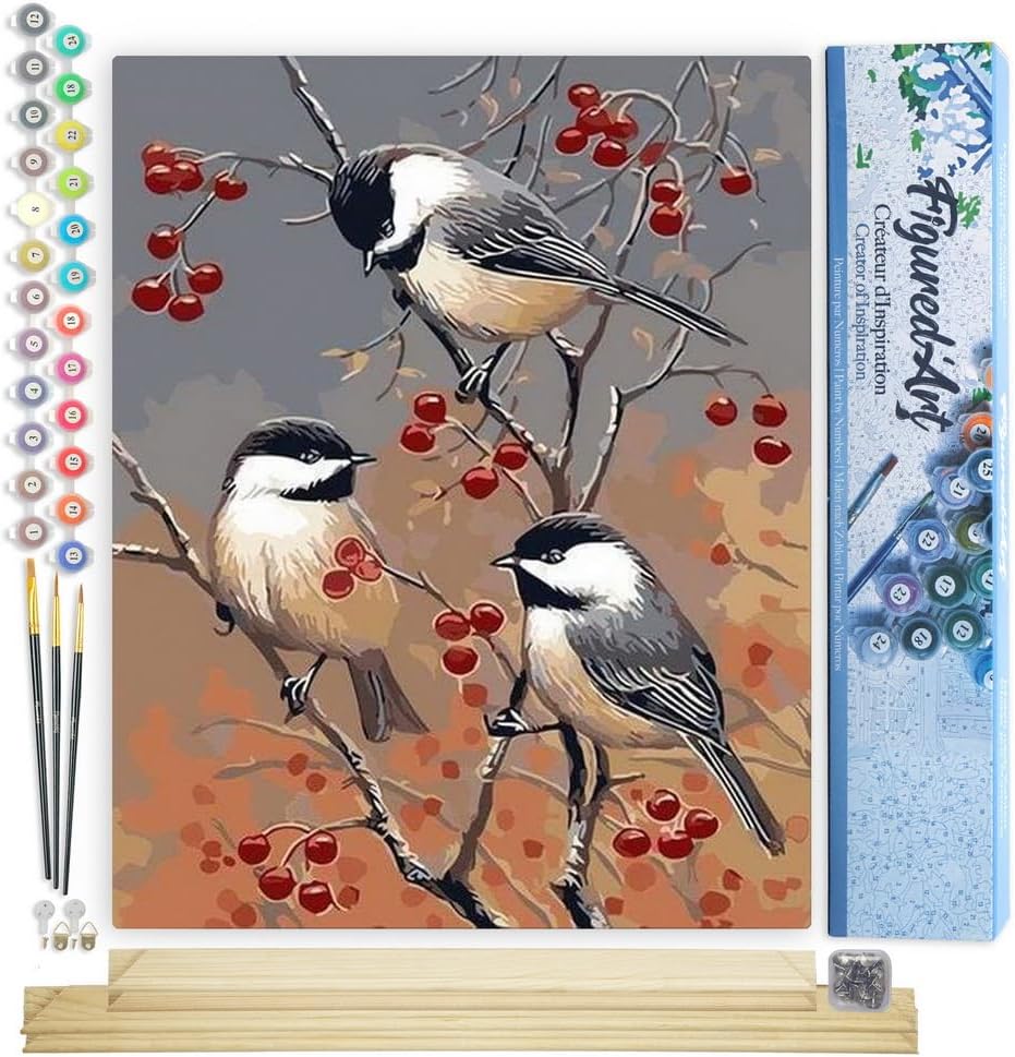 Figured'Art Paint by Numbers Kit for Adults Birds and Fruit Tree 16"x20" - Craft Art Painting Rolled Canvas with DIY Wooden Frame