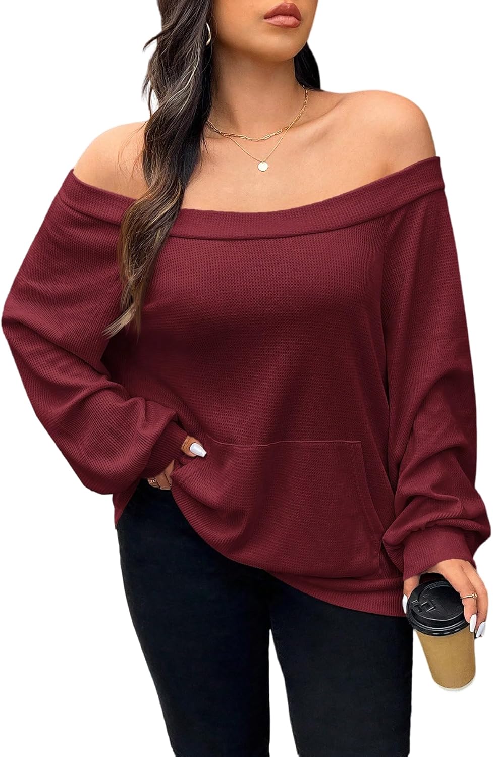 SOLY HUX Women's Plus Size Off the Shoulder Sweatshirt Long Sleeve Casual Fall Pullover Tops with Pocket
