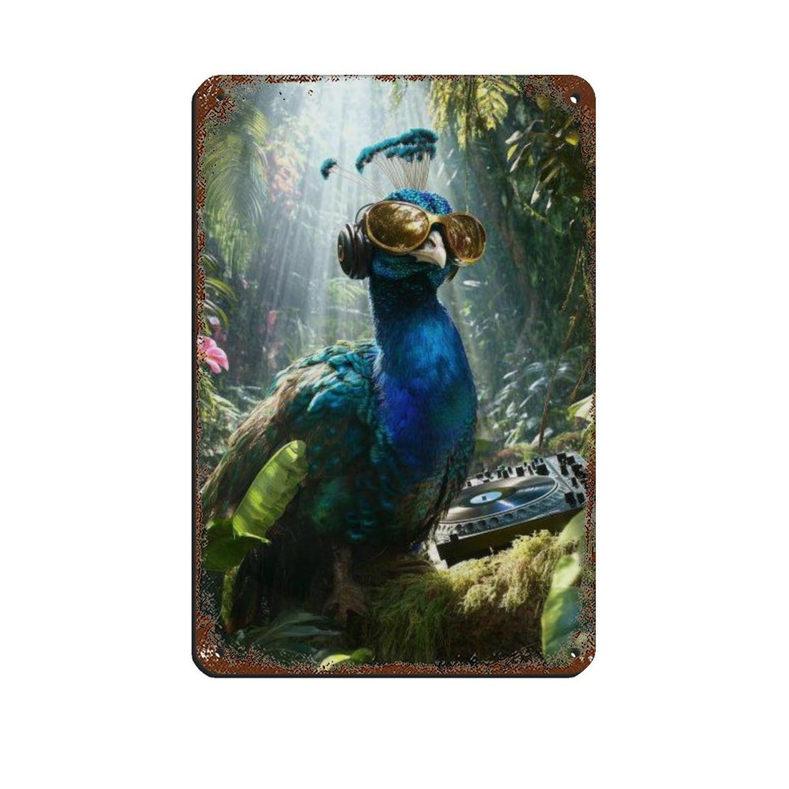Lxwnze 20L X 30W Cm Cool Peacock With Headphones Dj Art Tin Sign Vintage Metal Pub Club Cafe Bar Home Wall Art Decoration Poster Retro 8X12inch(20X30cm)