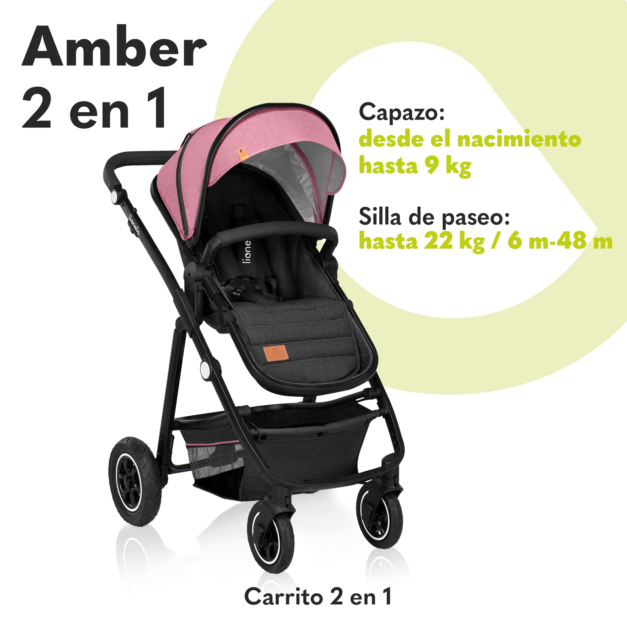 LIONELO Amber Coche de bebé multifuncional 2 en 1 Conjunto silla de paseo con el Asiento de Cubo e Capazo Manillar regulable Bolsa Mosquitero Protector de lluvia | Manillar regulable, bolsa, mosquitera y protector de lluvia incluidos