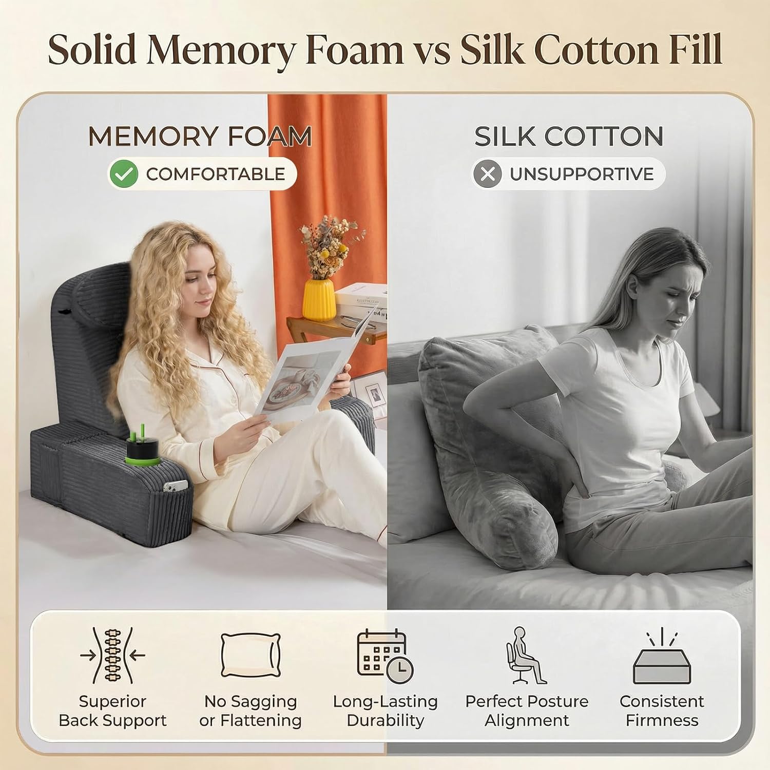 as awesling reading pillow for adults, back pillow for bed sitting up, backrest pillow for sitting in bed, detachable arms with built-in cup & phone caddy (dark gray-corduroy, 21 inch) dark gray-corduroy 21 inch