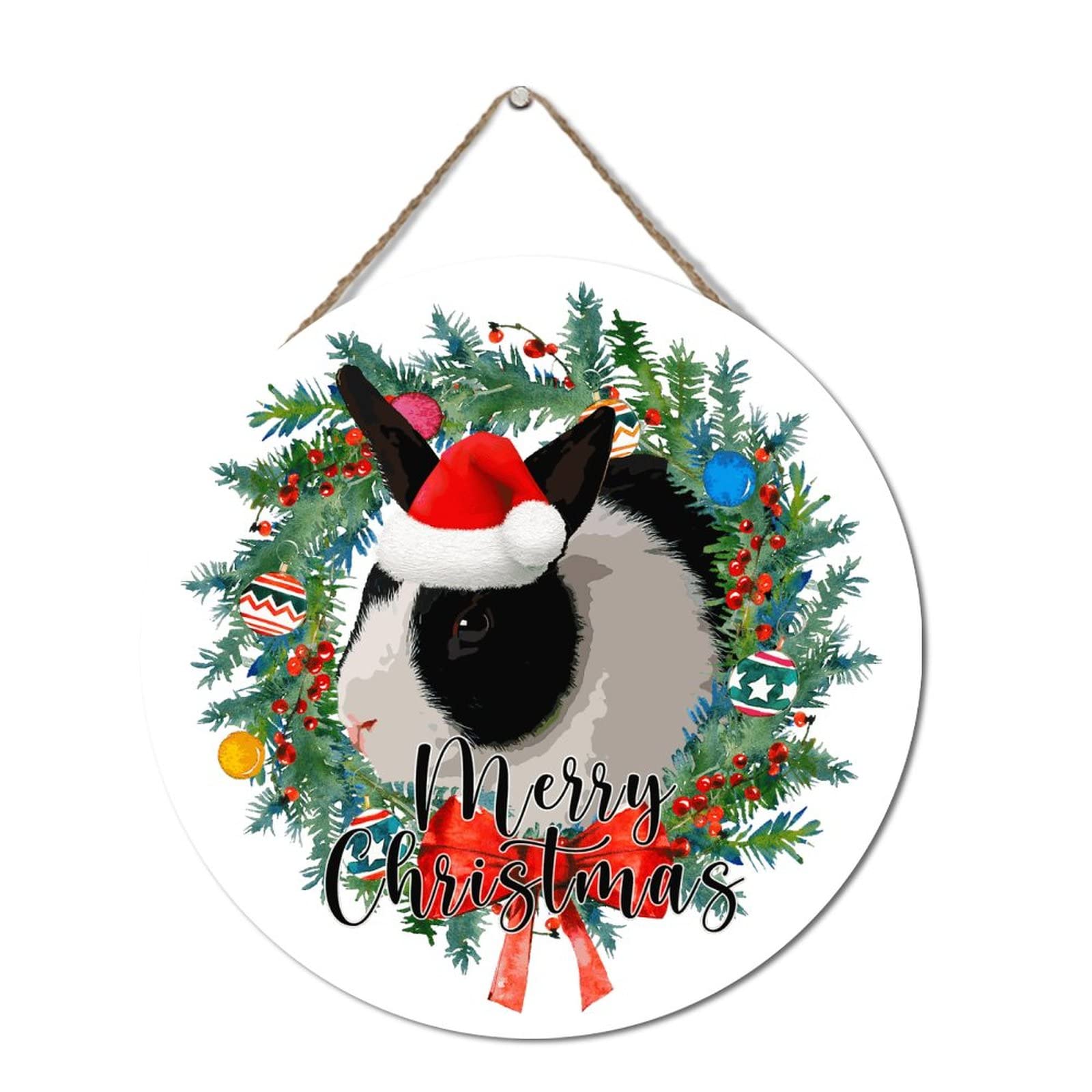 Wood Plaques Merry Christmas Wreath Rabbit Wood Signs Personalized Wooden Wall Table Sign Bunny Rabbit Gifts Rustic Farmhouse Home Decor Hanging Wooden Sign Playroom Sign 12x12in Round