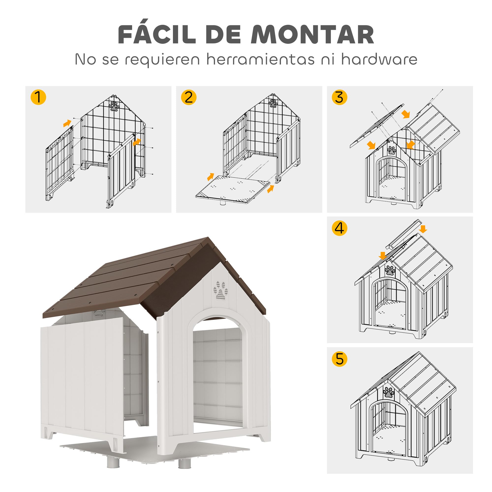 PawHut Caseta para Perros Exterior, Casa para Perros Grandes de Plástico Impermeable con 2 Ventanas, Base Elevada, Estacas, Fácil de Montar, 88x79x89 cm, Marrón Oscuro