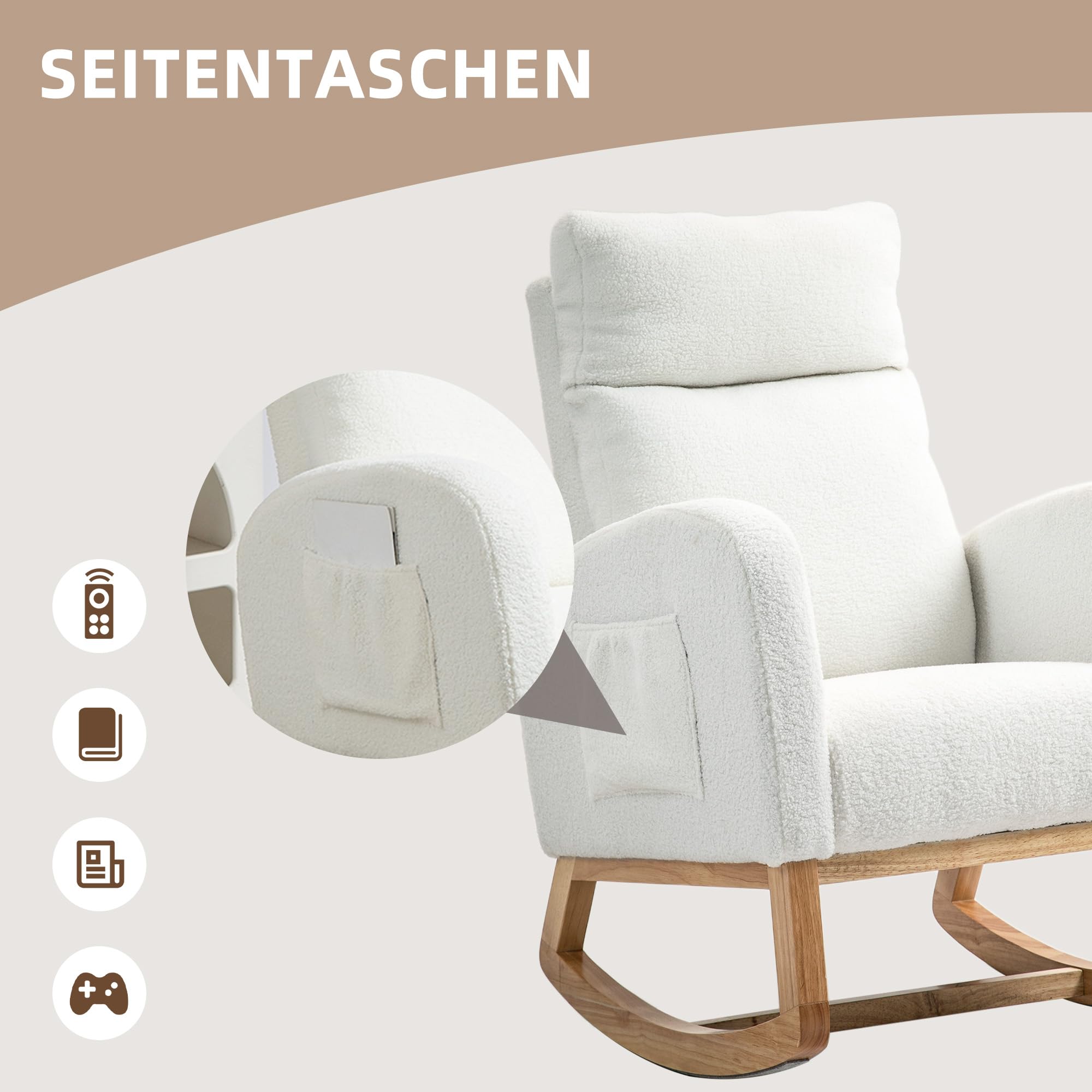 HOMCOM Schaukelstuhl, Schwingsessel, Armlehnsessel, Stillsessel mit Samtoptik, Schaukelsessel bis 120 kg belastbar, für Schlafzimmer, Wohnzimmer, Cremeweiß