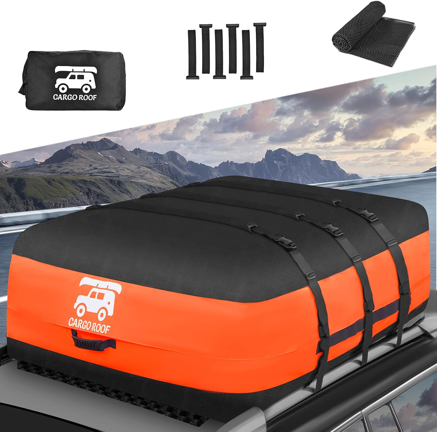 Car Roof Bag, Rooftop Cargo Carrier Bag, 21 Cubic Feet, Made of 100% Waterproof Anti-Tear 700D PVC for All Vehicle with/Without Rack, Includes Anti-Slip Mat, 6 Door Hooks, Storage Bag : Automotive