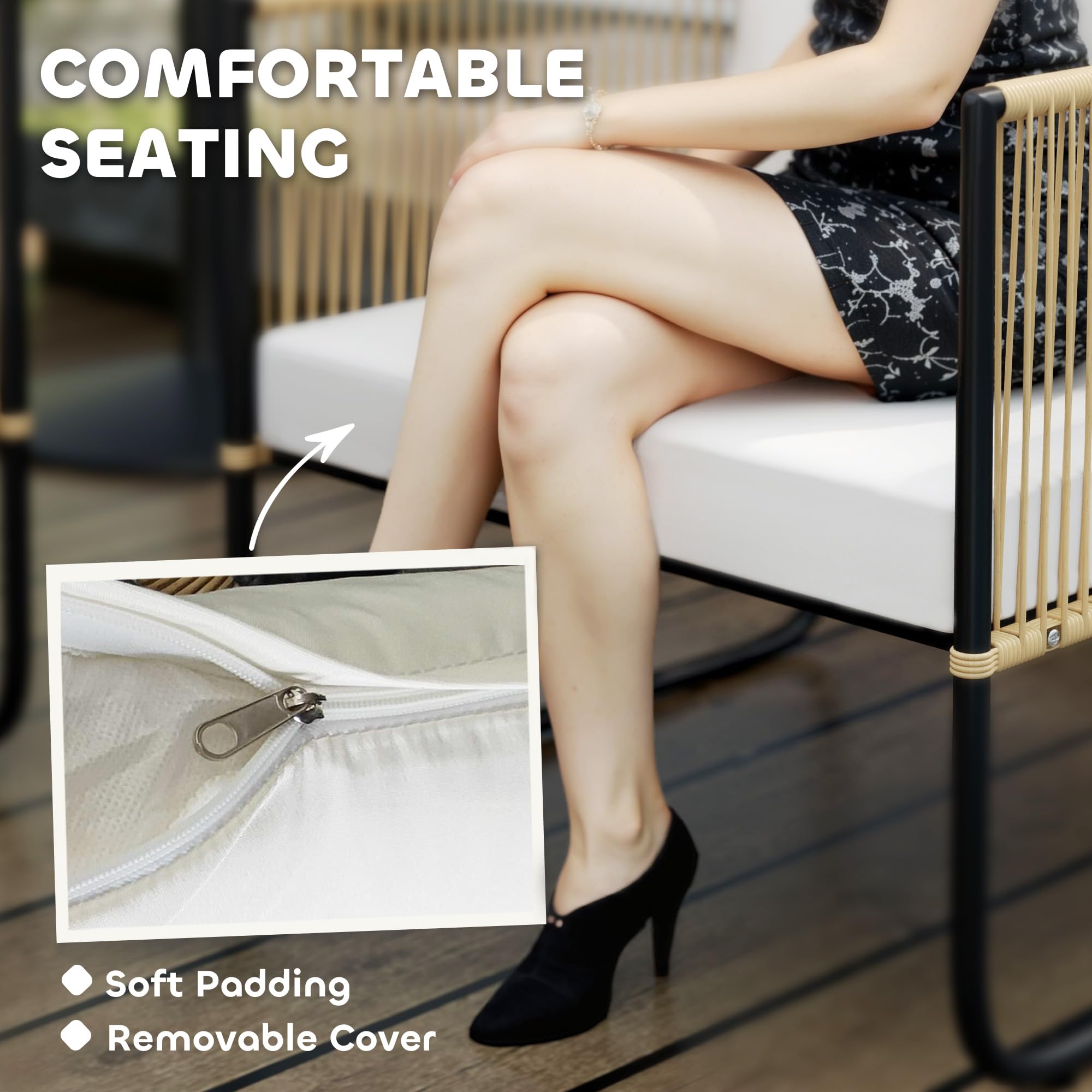 Outsunny Salón de Jardín de Mimbre Resina 4 Personas Crema | Conjunto de balcón: sofá de 2 plazas, sillones, mesa de vidrio, cojines extraíbles