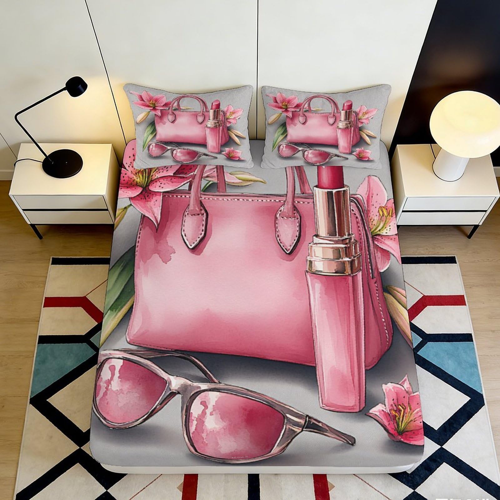 3D Printed Pink Handbag Fitted Sheet Microfiber Stylish Sunglasses Lipstick Bed Cover for Bedroom Dorm Mattress Decor 90x200x25cm