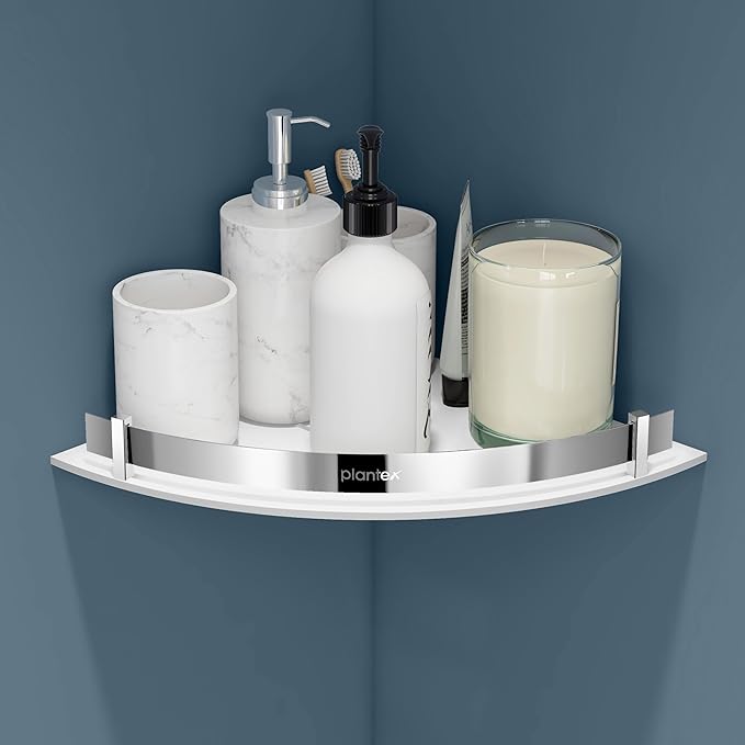 Plantex Corner Shelf for Bathroom Acrylic/Wall Mounted Storage Shelf with Stainless Steel Railings/Bathroom Accessories (White, 12x12 Inches)