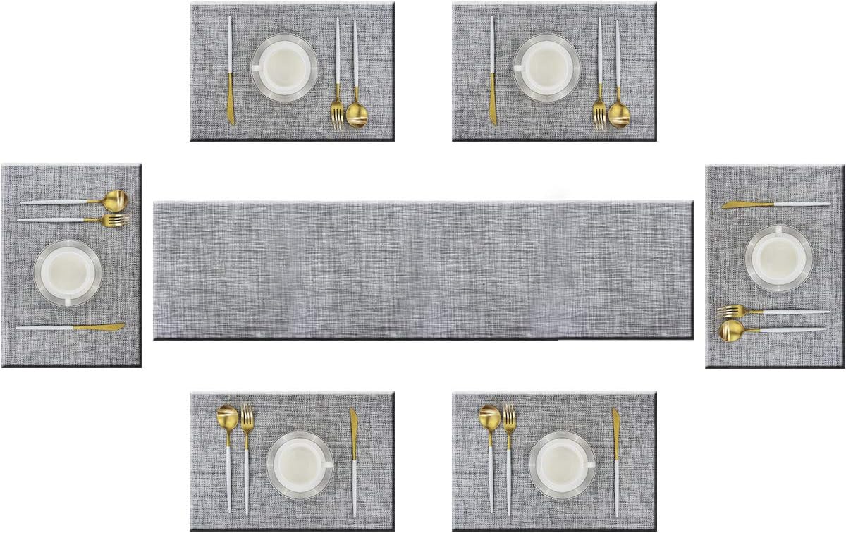 Bright DreamTable Runner and Placemats Set of 6 Kits Long Modern for Dinner Table Colorful Woven Vinyl Heat-resistand (1 Table Runner and 6 Placemats, Smoky Gray)
