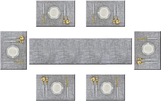 Bright Dream Placemats and Table Runner for Dinning Table Woven Vinyl Non Slip Heat Resistant Wipeable Easy to Clean (6 Placemats with 1 Table Runner, Grey)