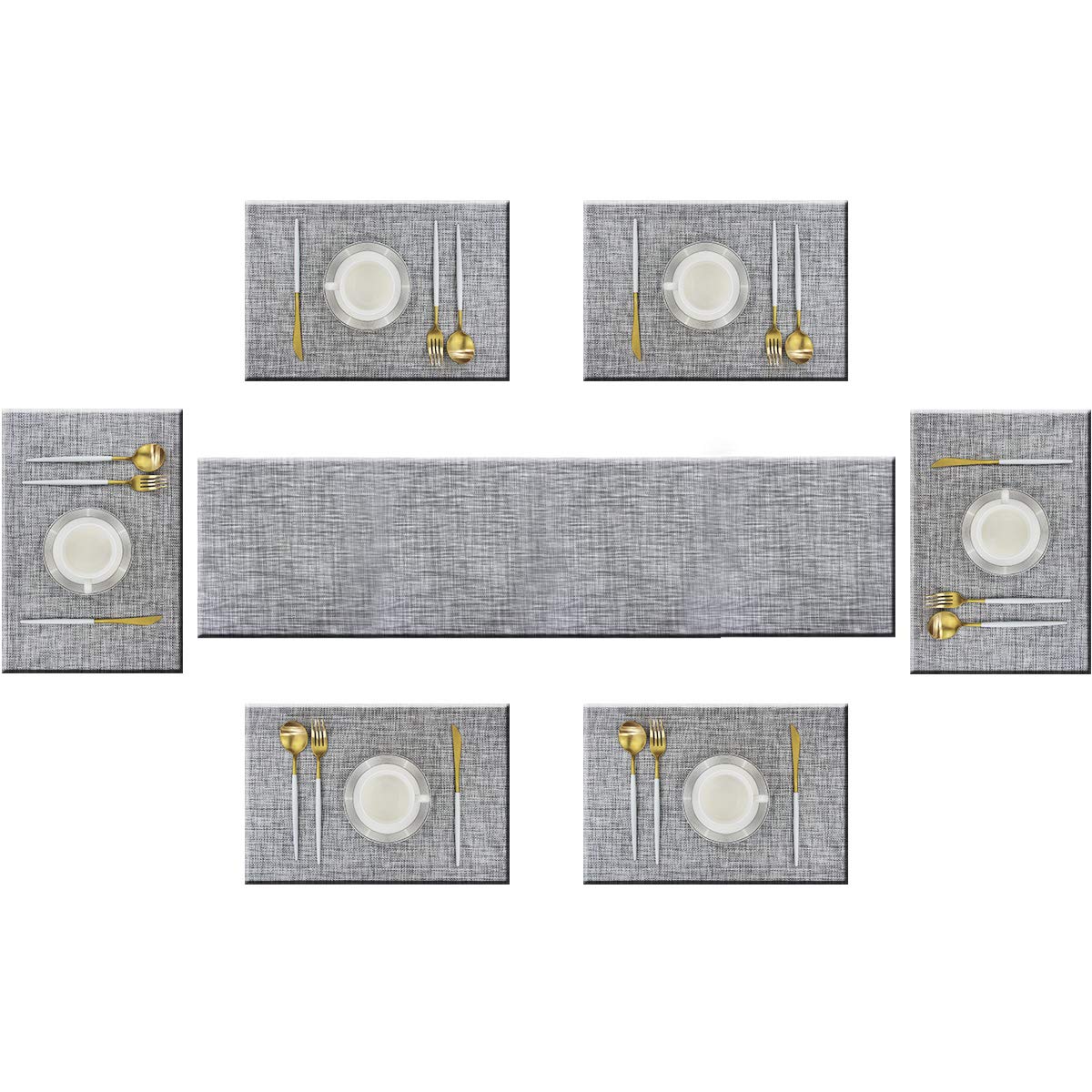 Bright DreamTable Runner and Placemats Set of 6 Kits Long Modern for Dinner Table Colorful Woven Vinyl Heat-resistand (1 Table Runner and 6 Placemats, Smoky Gray)