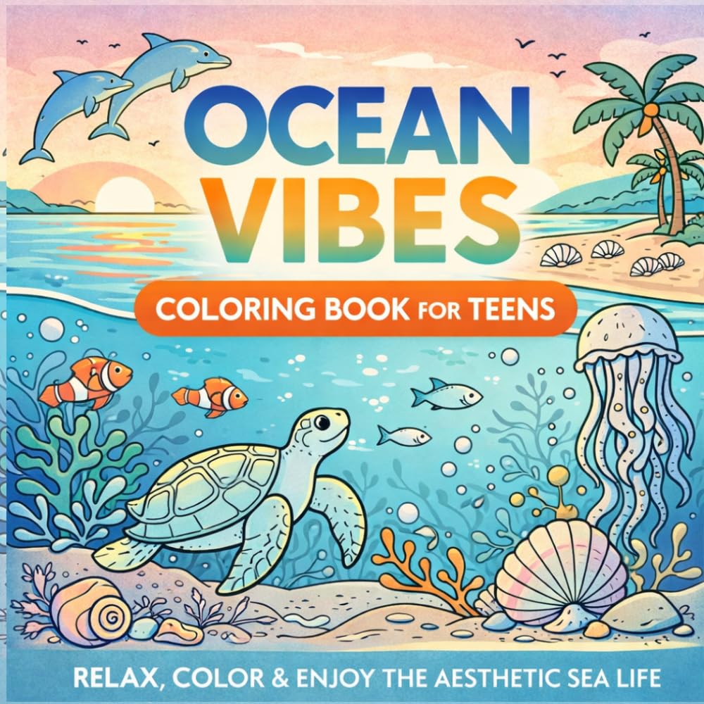 Ocean Coloring Book for Teens: Aesthetic Sea Life Coloring Pages with Relaxing Ocean Animals, Beach Scenes and Calm Underwater Designs for Teen Girls and Boys