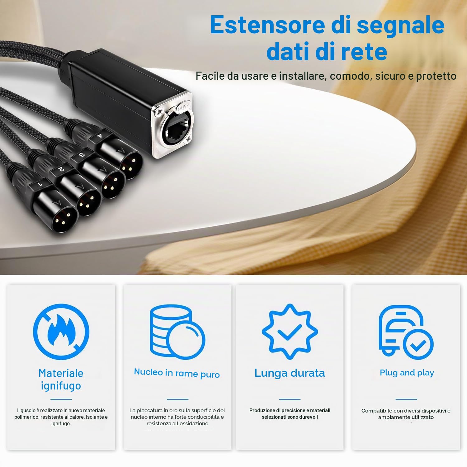 XMSJSIY Cavo audio a serpente a 4 canali a 3 pin XLR estensore multiplo ricevitore di rete a Ethercon per DMX512 XLR maschio/femmina a RJ45 tramite cavo intrecciato Cat5/6/6e stadio registrazione, 2