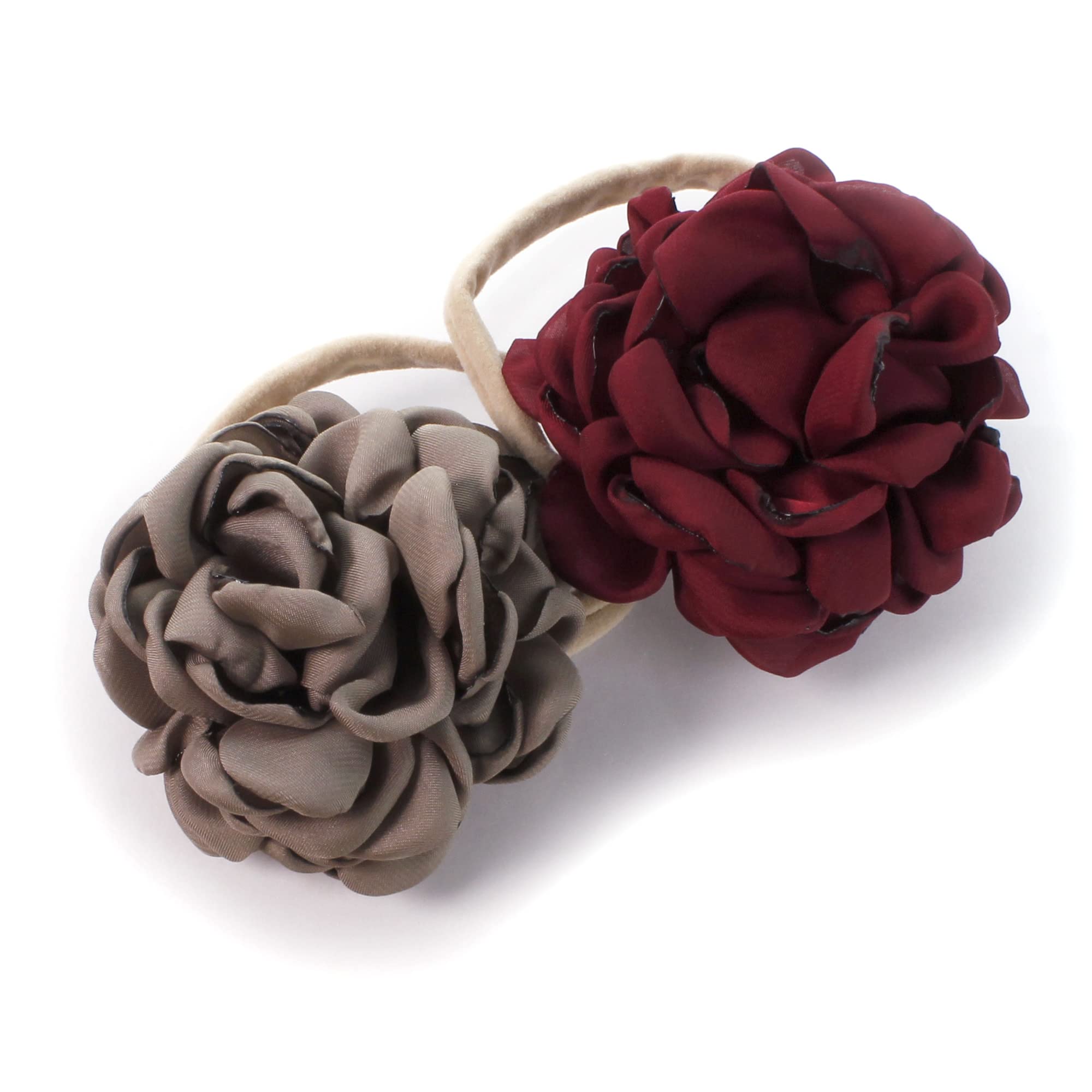 My LelloBaby Girl Ruffle Singed Rose Nylon Elastic Headbands Set 2pcs - Color Options, Burgundy - Truffle, S