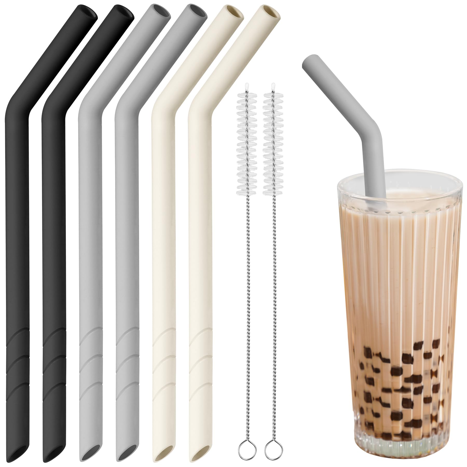 NiHome 6PCS Extra Wide Reusable Bent Silicone Straws for Boba, Smoothies, Bubble Tea, Bent Straws for Thick Drinks, Child-Safe, Customizable Length, 2 Brushes Easy Cleaning (Black, White & Gray)