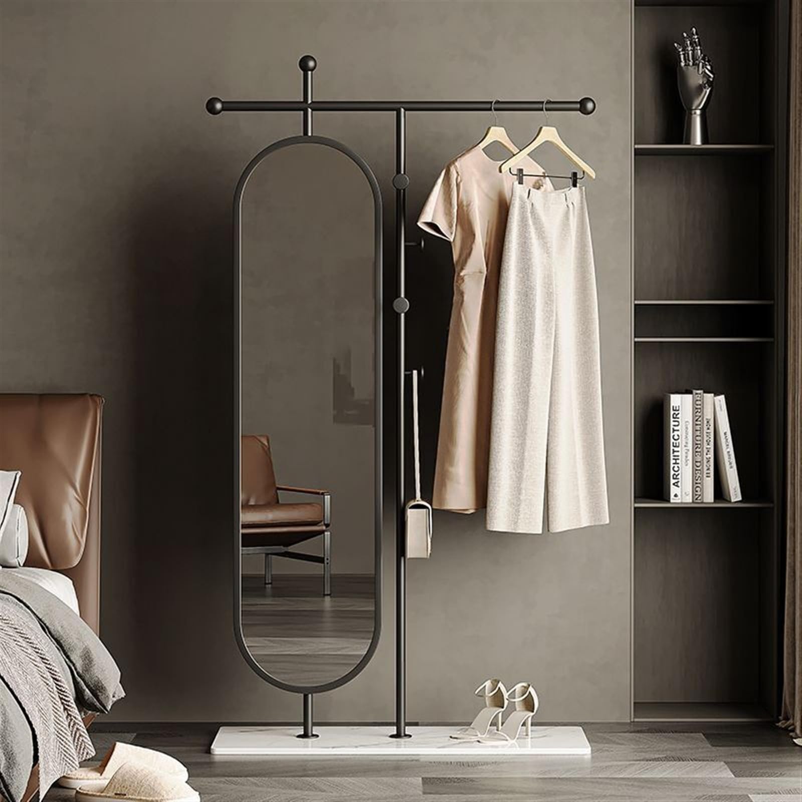 Specchio a Pavimento Semplice appendiabiti da terra, specchio for la camera da letto, specchio a figura intera girevole, appendiabiti Specchio Lungo (Color : Nero, Size : 80cm)
