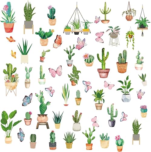 ORIGACH 9 hojas de 56 piezas de calcomanías para ventana de plantas en maceta, cactus suculentas, puertas de vidrio, calcomanías anticolisión para