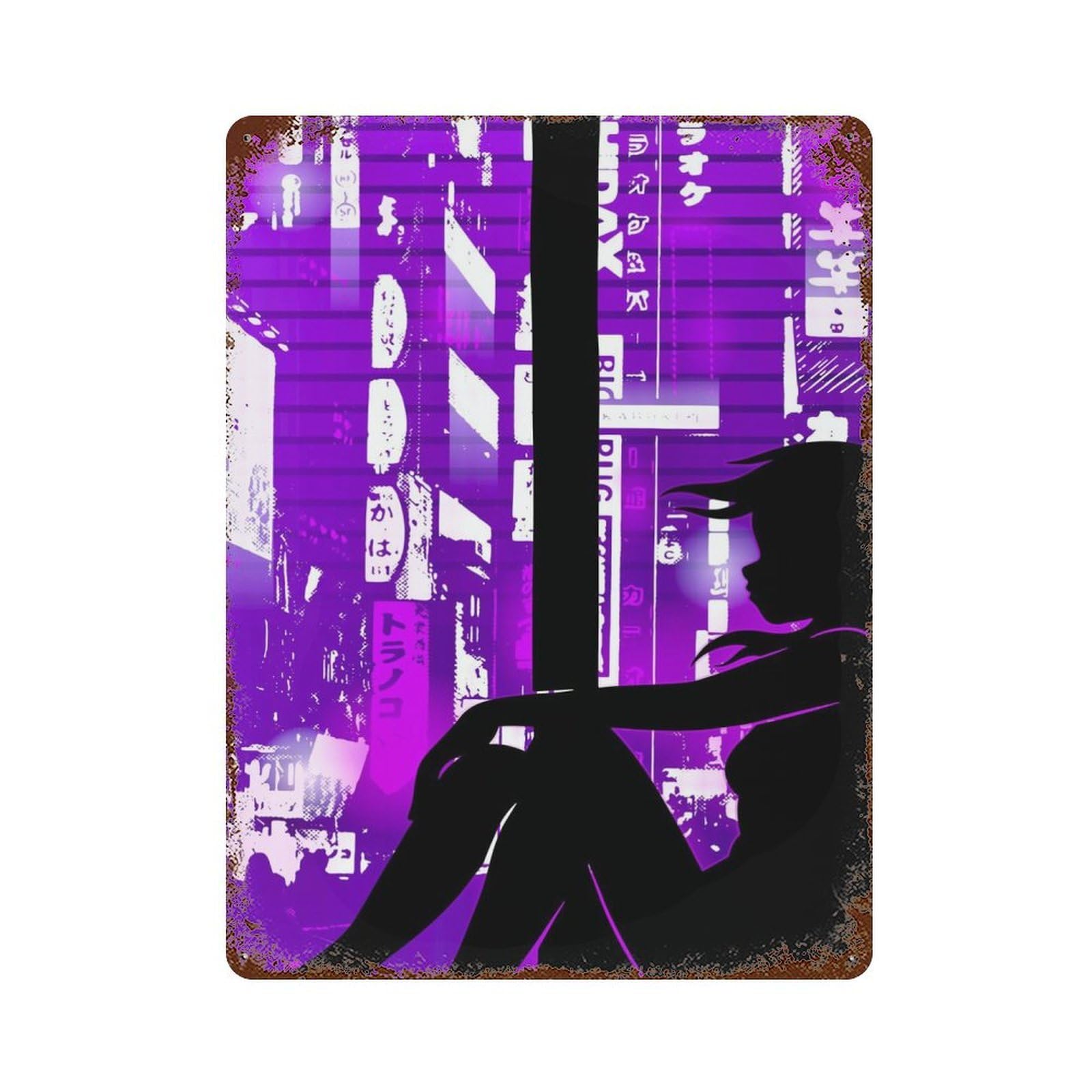 Rust Effect Vaporwave Window Girl Aged Metal Wall Plaque 15.7"x11.8", Rustic Home Decor for Bistro, Counter And Cafe Decor