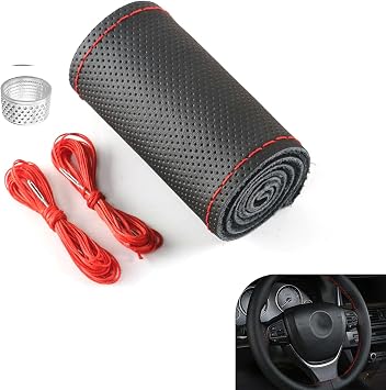 Genuine Leather Steering Wheel Cover, 15 Inch DIY Hand-Stitched Steering Wheel Cover, Breathable Non Slip Car Steering Wheel Protector Cover, Stitch On Wrap, Car Accessories Red, Hole