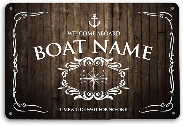 Artylicious Personalised Boat Sign - Yacht, narrowblat, sailing boat brown compass Boat A4 Nautical Metal Sign - boating accessories captain gift