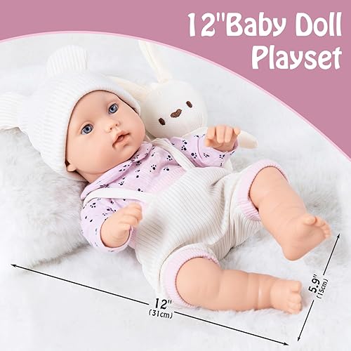 Miniatura 6 de ZNTWEI Juego de muñecas de bebé de 12 pulgadas en caja de regalo con ropa rosa y accesorios, incluyendo ropa de muñeca, cama de moisés, manta,