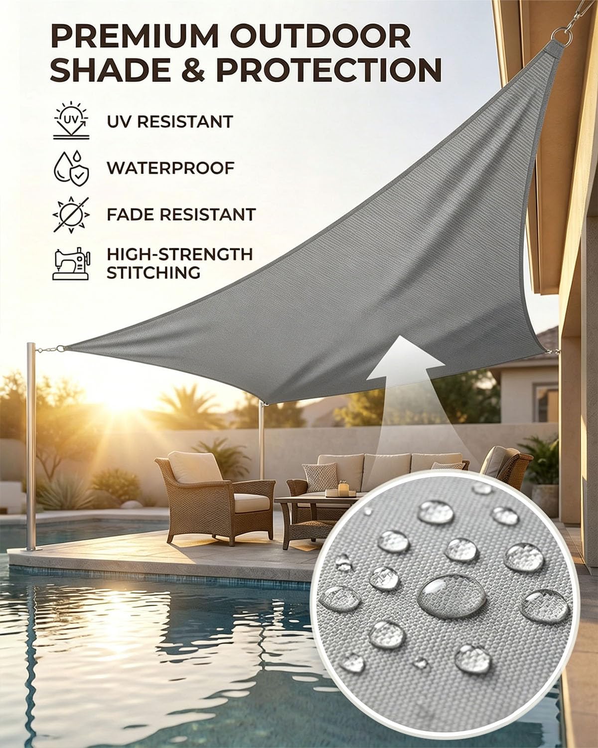 Vela de Sombra Rectangular 3x4m con Kit de Instalación, HDPE Impermeable y Antidesgarro, Protección UV, Resistente al Viento, Incluye Accesorios, Balcón, Jardín o Patio, Gris