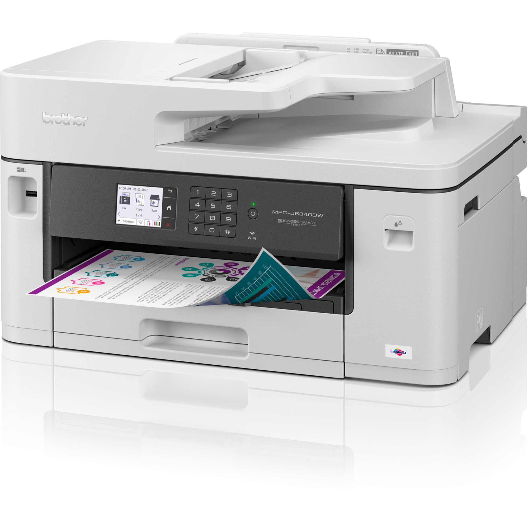 Brother MFCJ5340DWE | Multifunzione Inkjet a colori con stampa A4/A3 | Ecopro| Cassetto da 250 e ADF 50 fogli | Touchscreen 6.8 Cm | USB, LAN, WiFi | Colore Bianco | Cartucce incluse da 550 pag