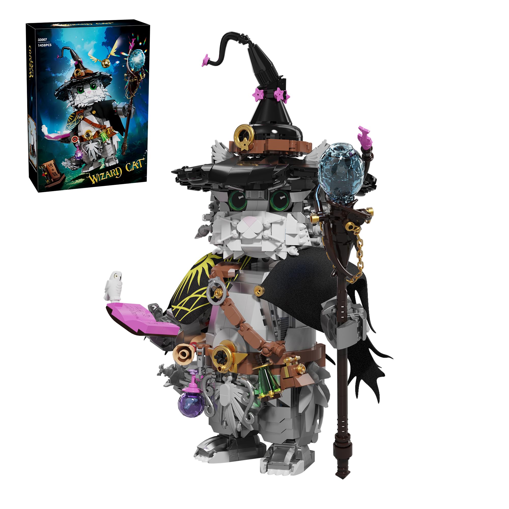 LQPFBSM Magic School Wizard Cat Building Set 1458 Pieces Sorcerer Kitten Model Kit with Magic Staff Flying Golden Ball & Owl Fantasy Animal Witchy Home Decor Gift for Adults & Teens